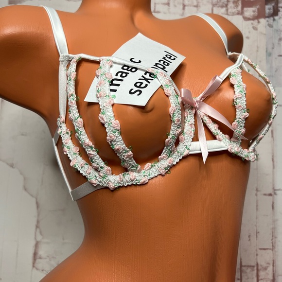 VS LUXE 32 34 36 EMBROIDERY APPLIQUÉ OPEN CUP BRA BONED FLORAL SATIN BOW - Picture 1 of 2